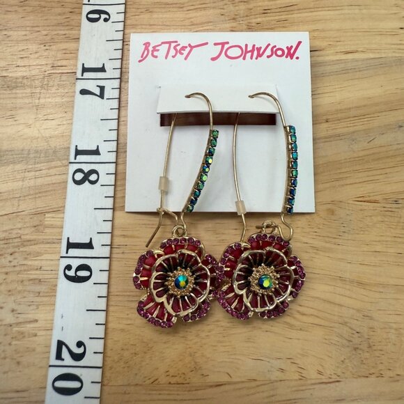 Betsey Johnson Pink & Gold Floral Drop Earrings Rhinestone, Garden Girl, Whimsy, - Picture 4 of 9
